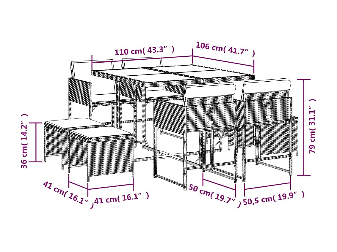 Ensemble à manger de jardin et coussins 9 pièces marron poly rotin