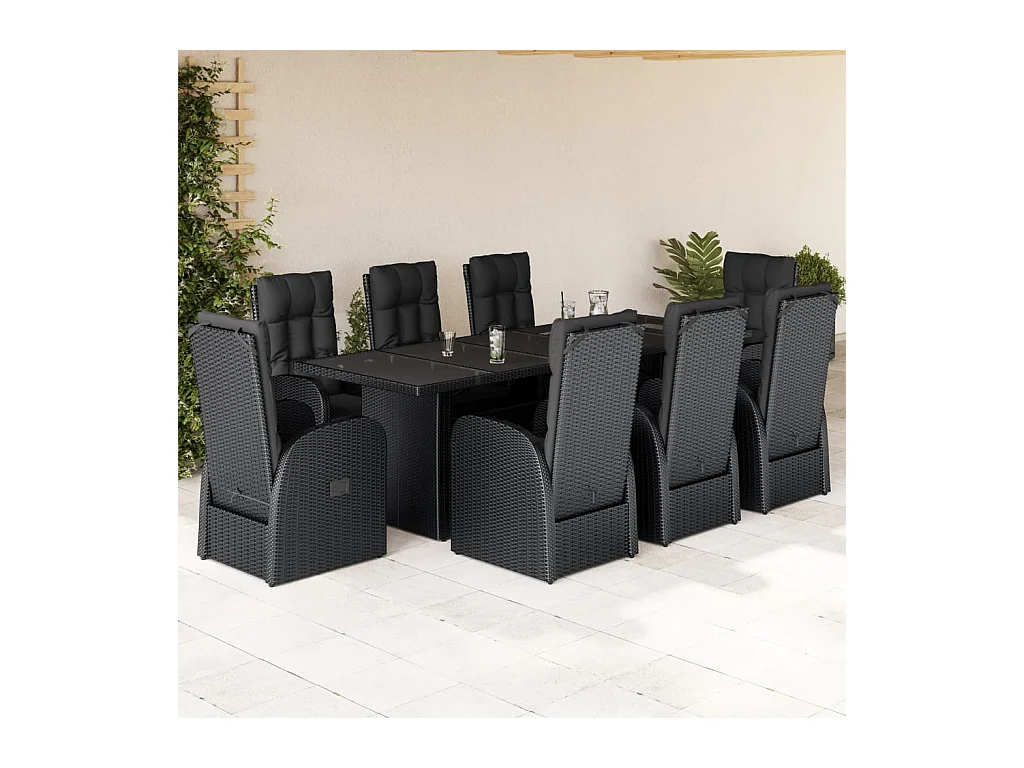 9 peças conjunto de jantar para jardim com almofadões vime PE preto
