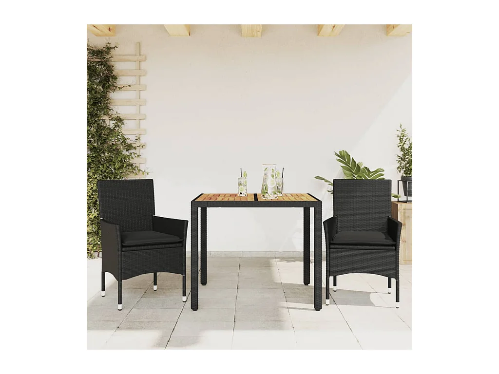 Ensemble à manger de jardin et coussins 3 pièces noir rotin acacia