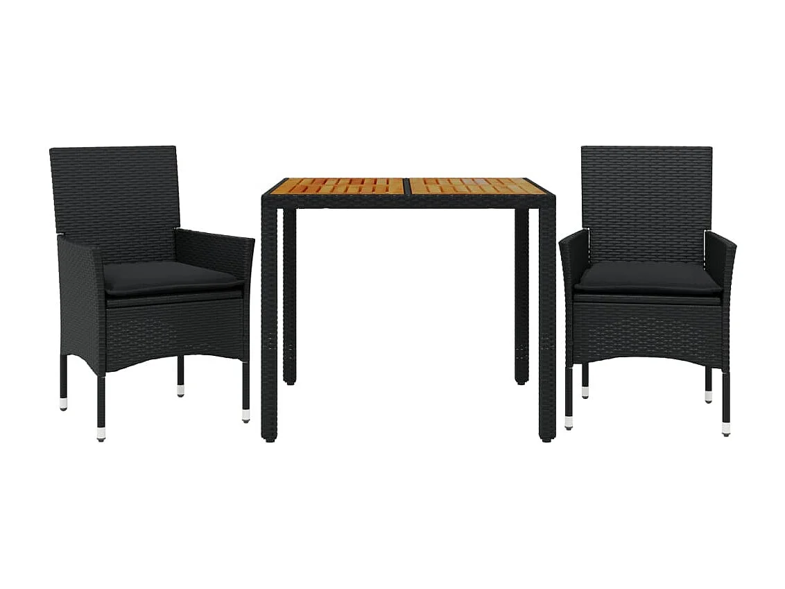 Set de comedor jardín 3 piezas con cojines ratán PE acacia negro