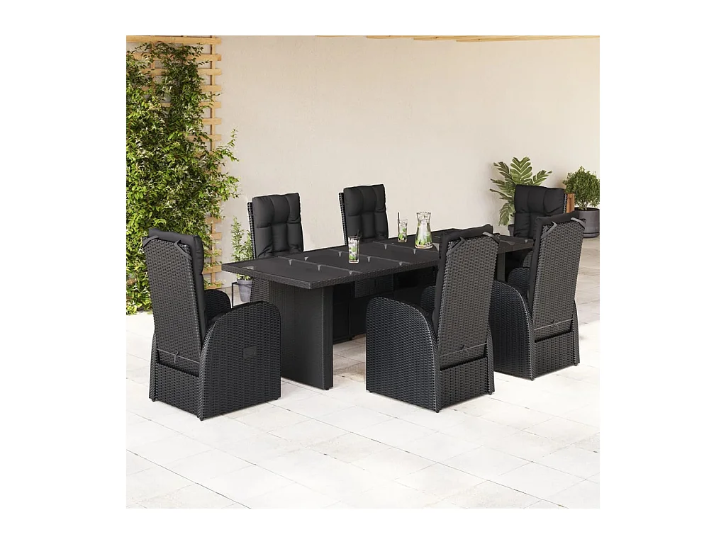 Set de comedor de jardín 7 piezas y cojines ratán sintético negro