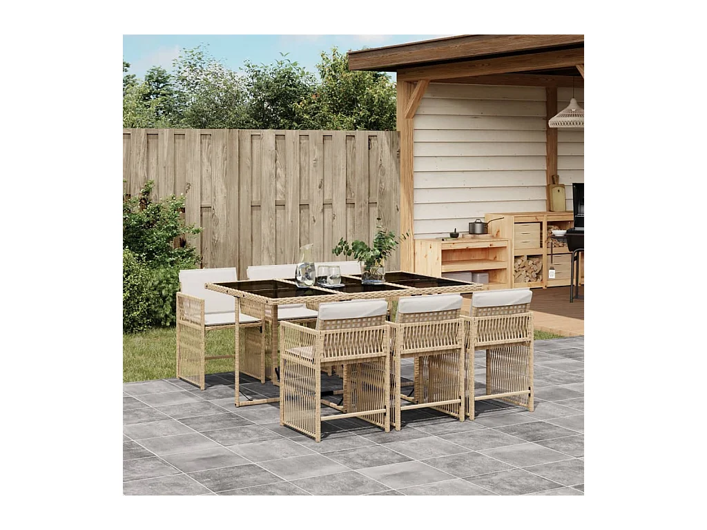 Ensemble à manger de jardin et coussins 7 pièces beige poly rotin