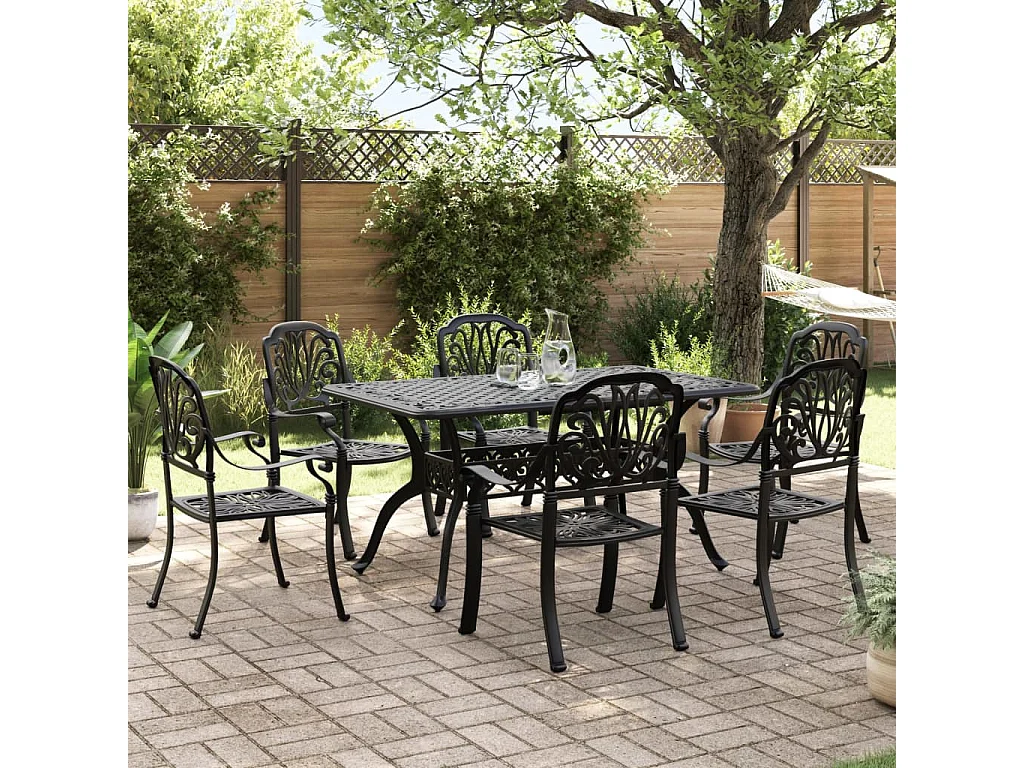 Juego de comedor de jardín 7 piezas aluminio fundido negro