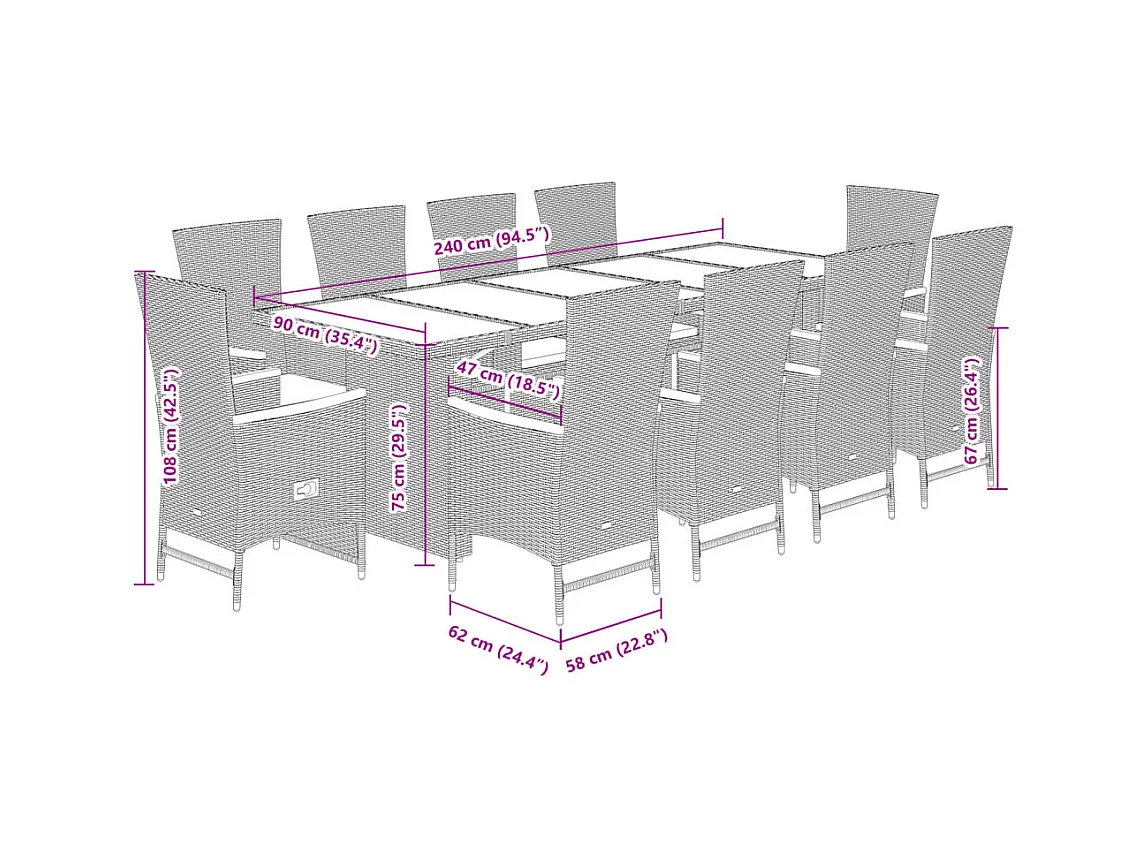 Set de comedor de jardín 11 piezas y cojines ratán sintético gris