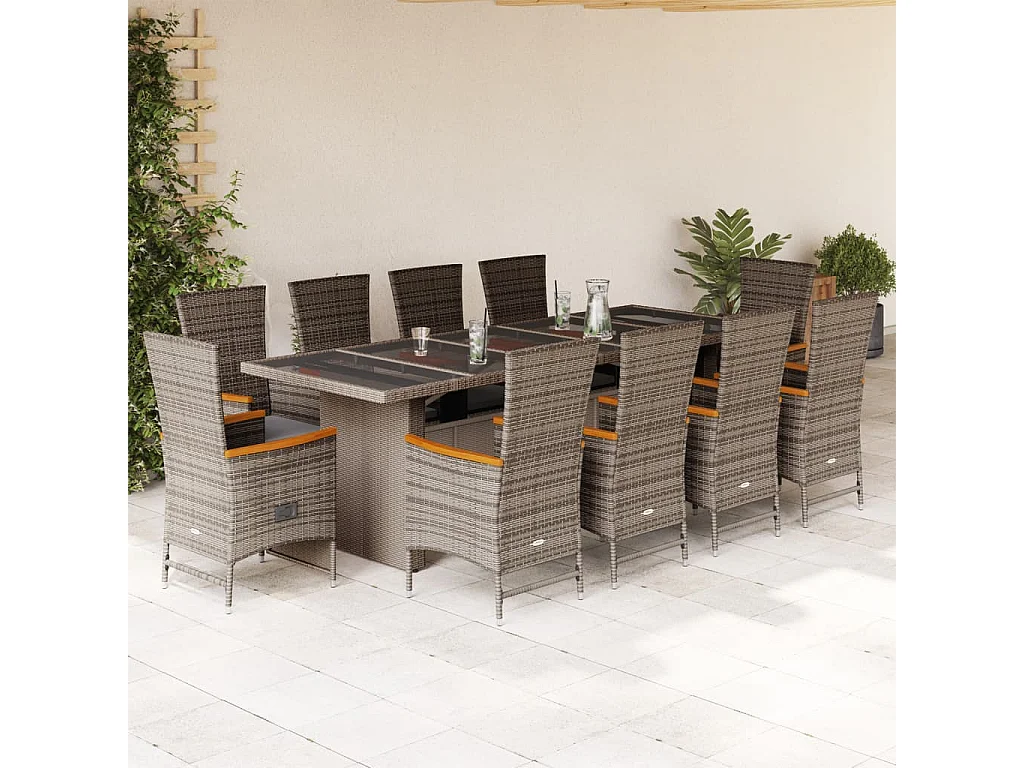 Ensemble à manger de jardin 11 pièces avec coussins gris poly rotin
