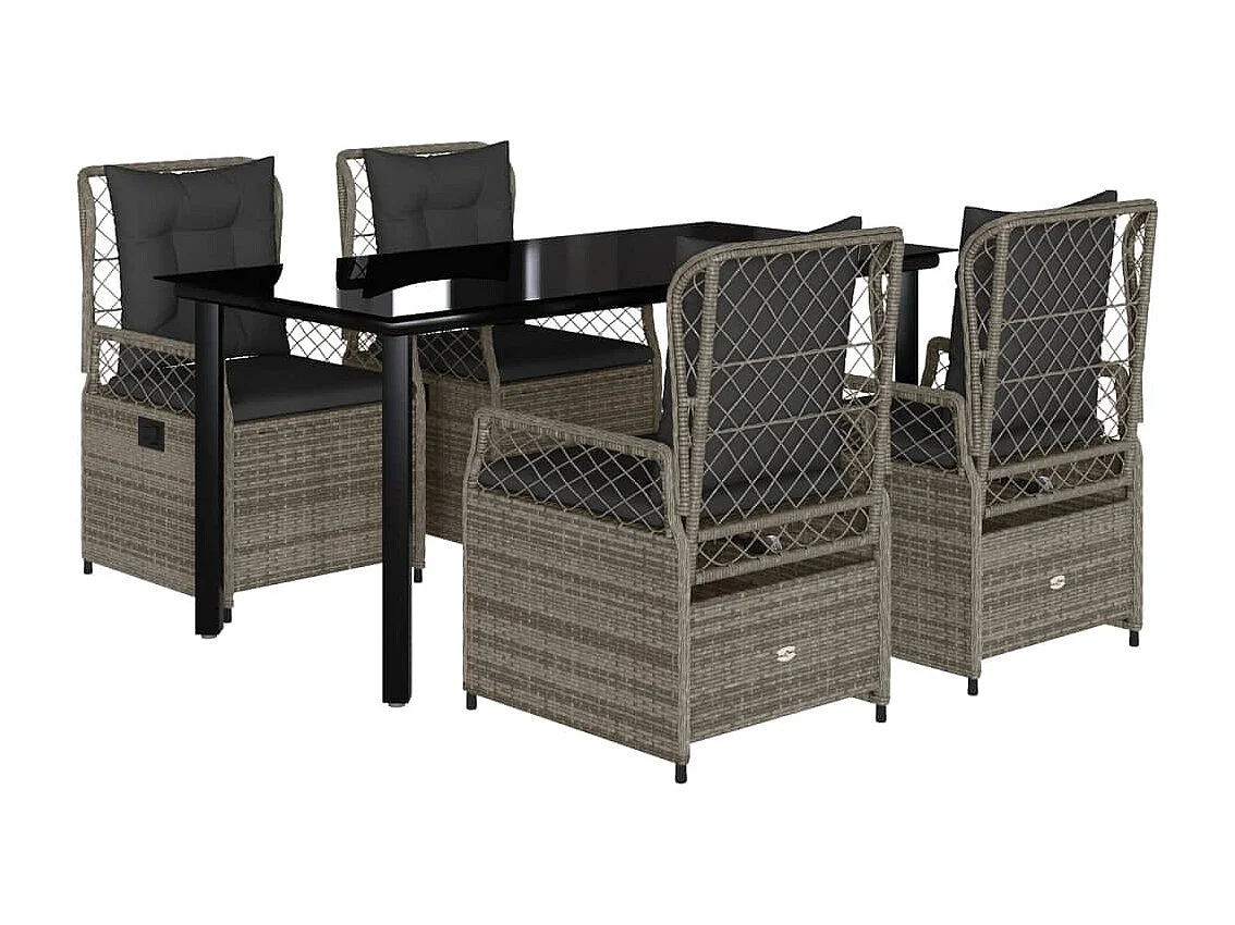 5 peças conjunto de jantar para jardim com almofadões vime PE cinza