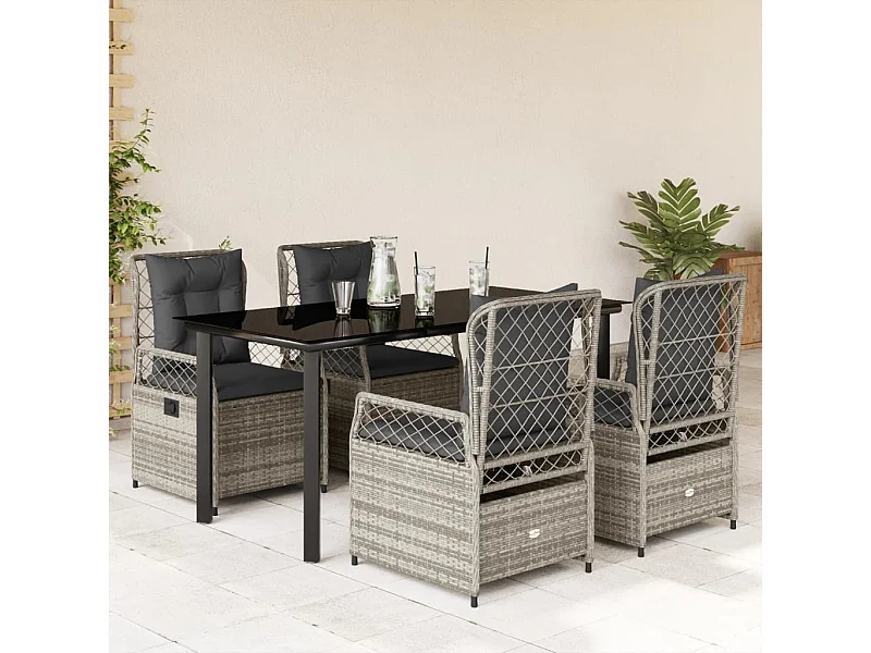 5 peças conjunto de jantar para jardim com almofadões vime PE cinza