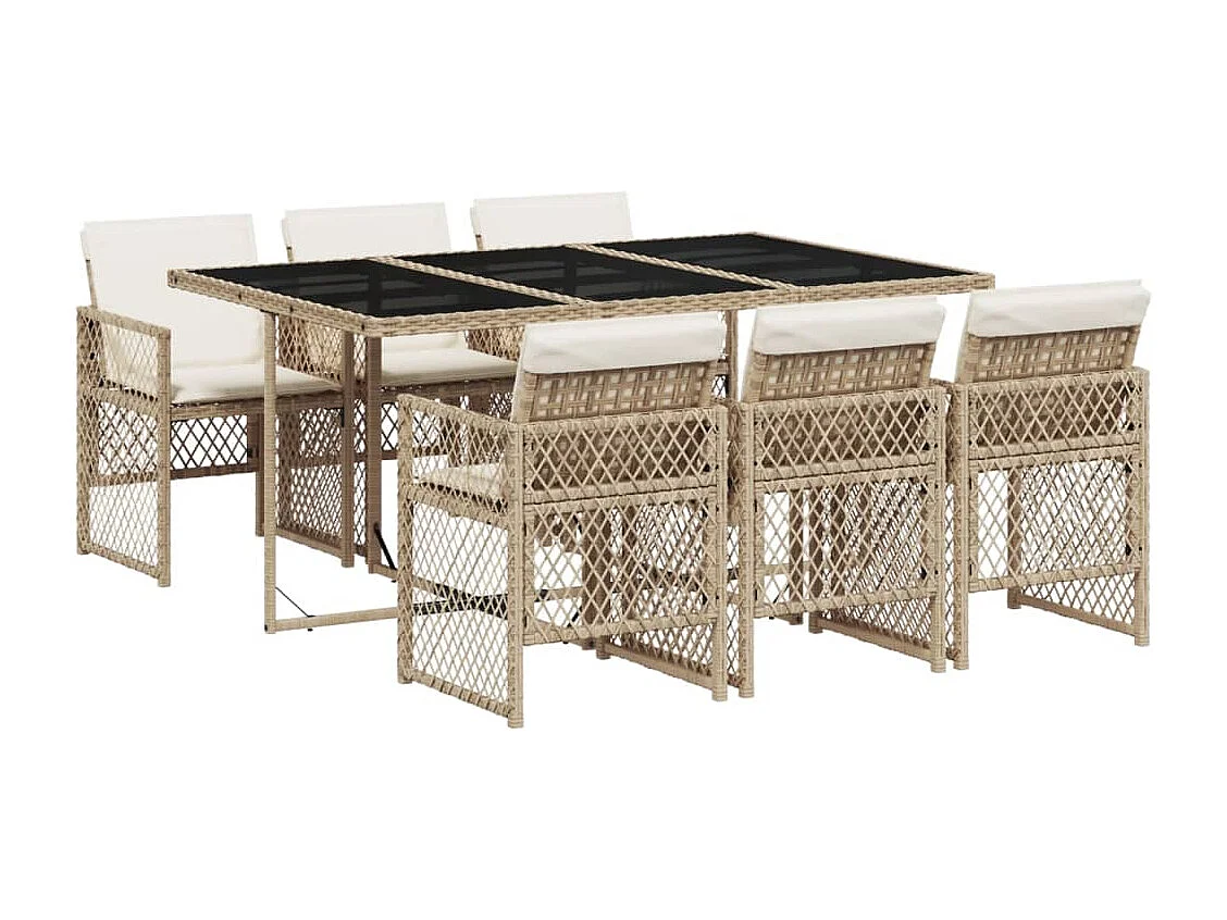 Ensemble à manger de jardin et coussins 7 pièces beige poly rotin