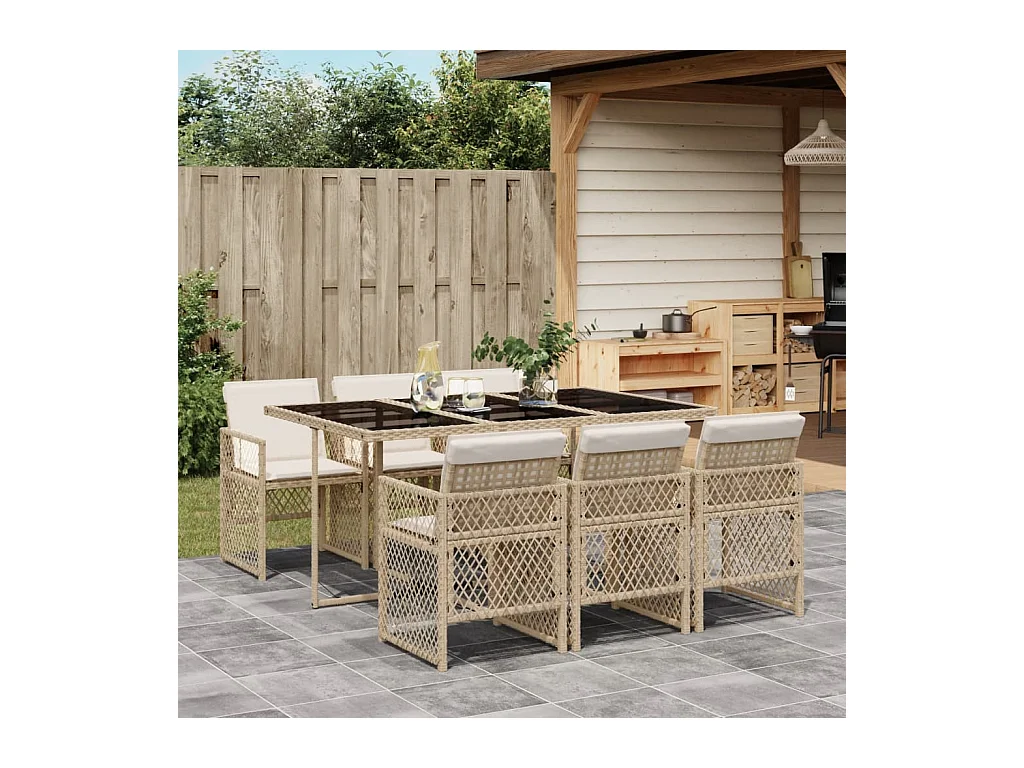 Ensemble à manger de jardin et coussins 7 pièces beige poly rotin