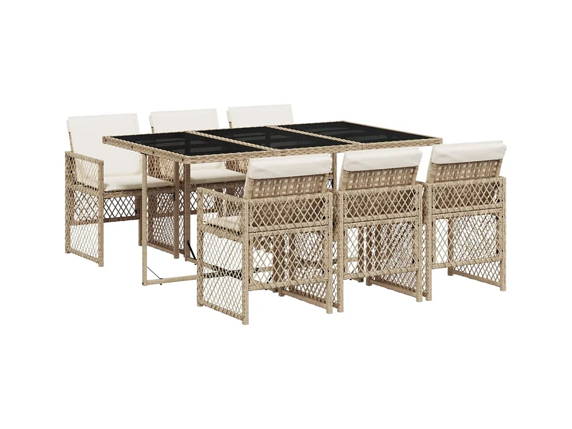 Ensemble à manger de jardin et coussins 7 pièces beige poly rotin