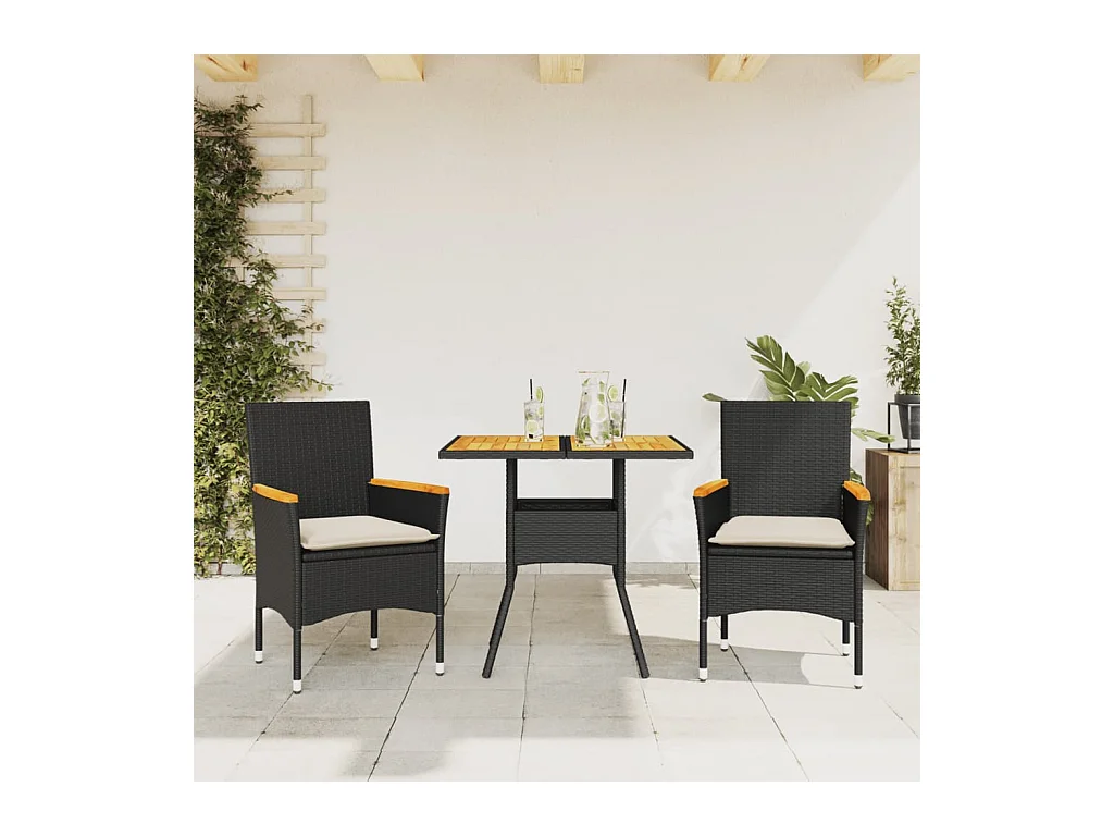 Ensemble à manger de jardin et coussins 3 pièces noir rotin acacia
