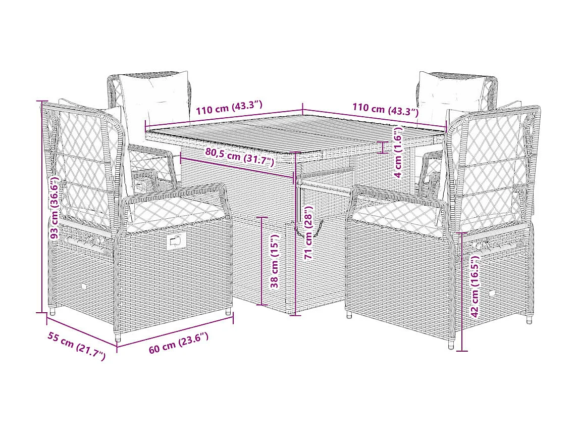 Set comedor de jardín 5 piezas con cojines ratán sintético gris