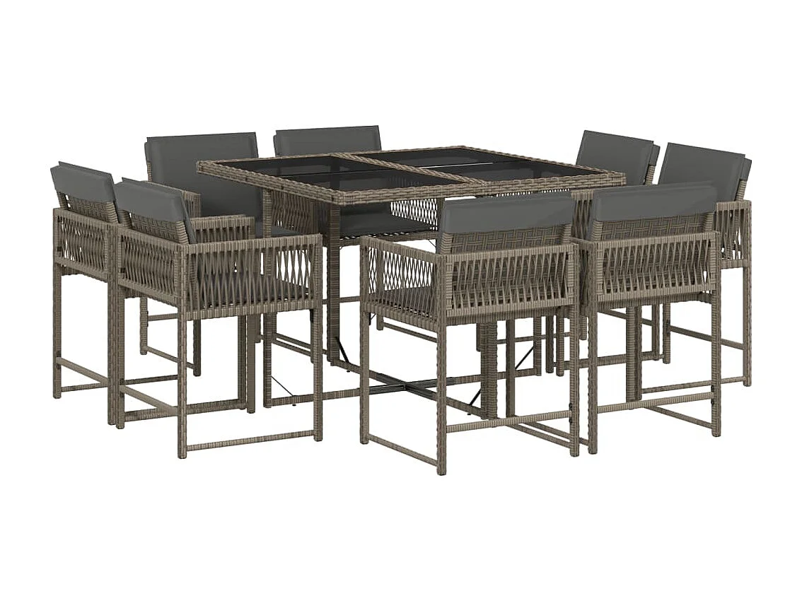 Set comedor jardín 9 piezas y cojines ratán sintético gris