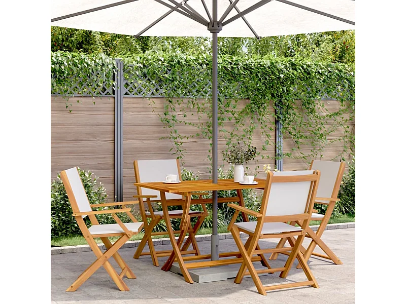 Set de comedor de jardín 5 piezas tela madera maciza blanco crema