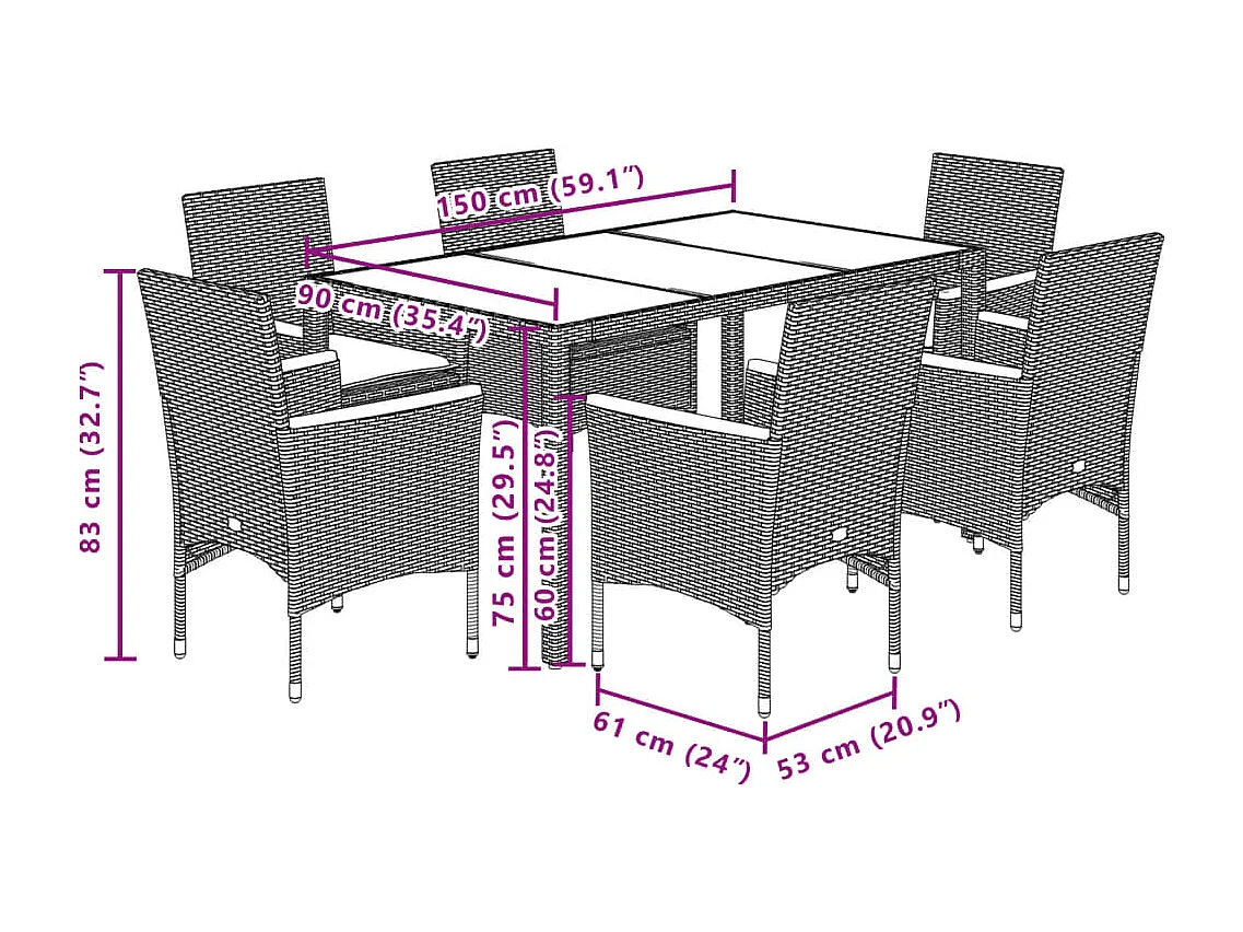 Ensemble à manger de jardin et coussins 7 pièces beige rotin acacia