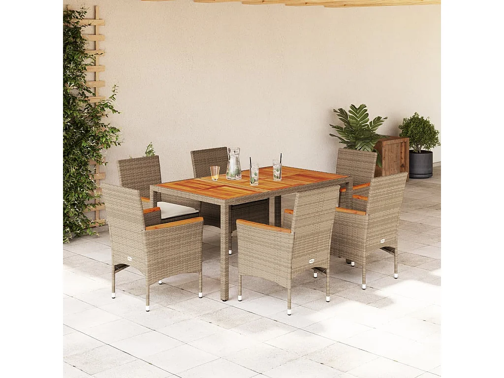Set de comedor jardín 7 piezas con cojines ratán PE acacia beige