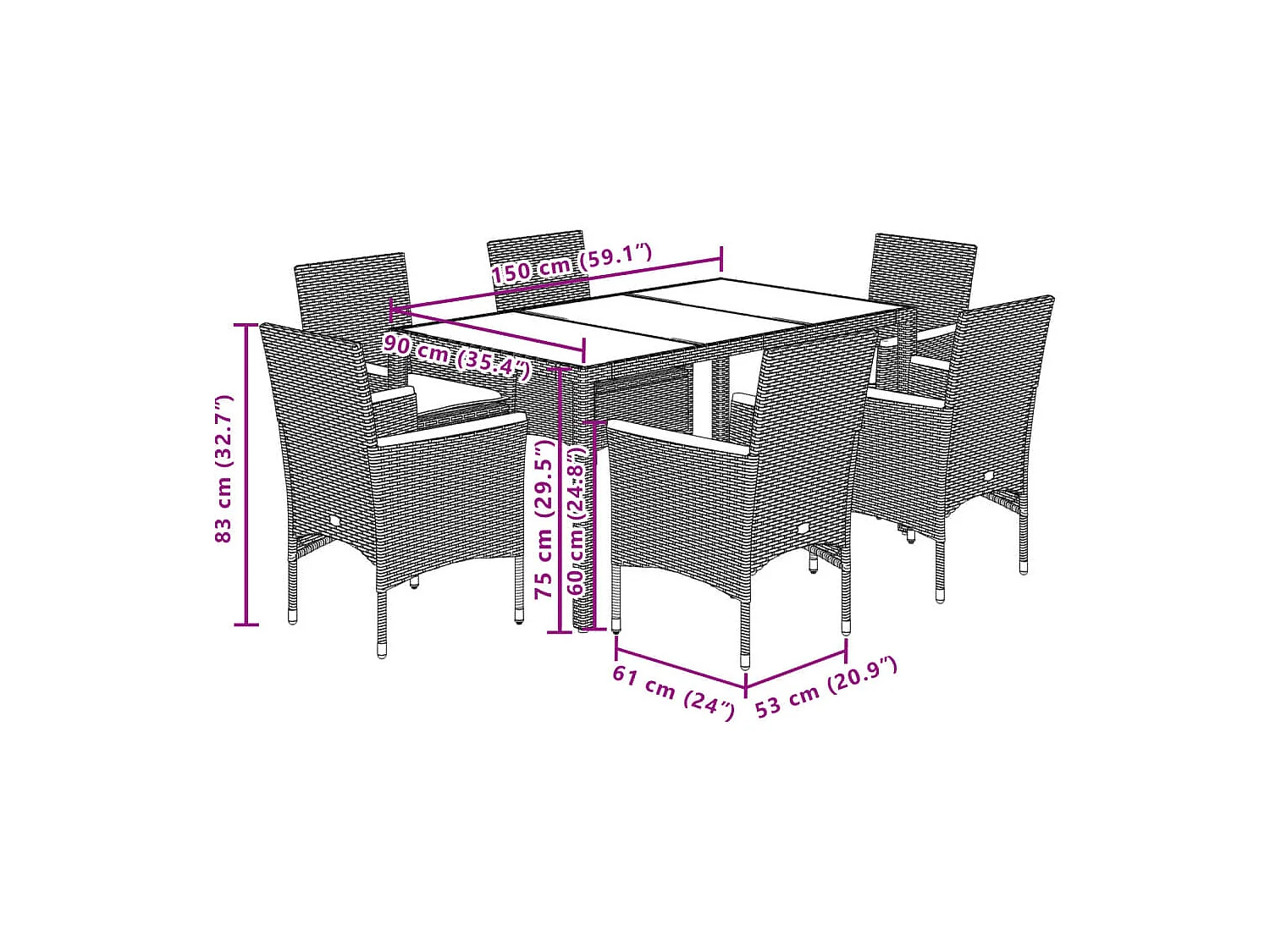 Set de comedor jardín 7 piezas con cojines ratán PE acacia beige