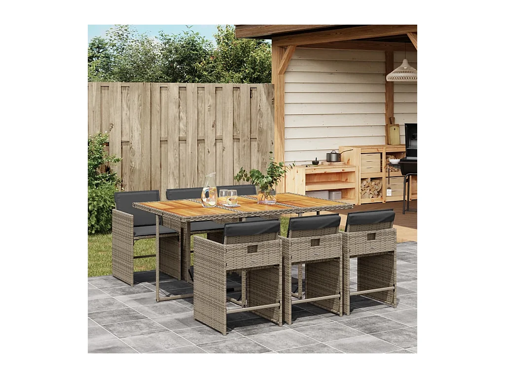 Set comedor jardín 7 piezas y cojines ratán sintético gris