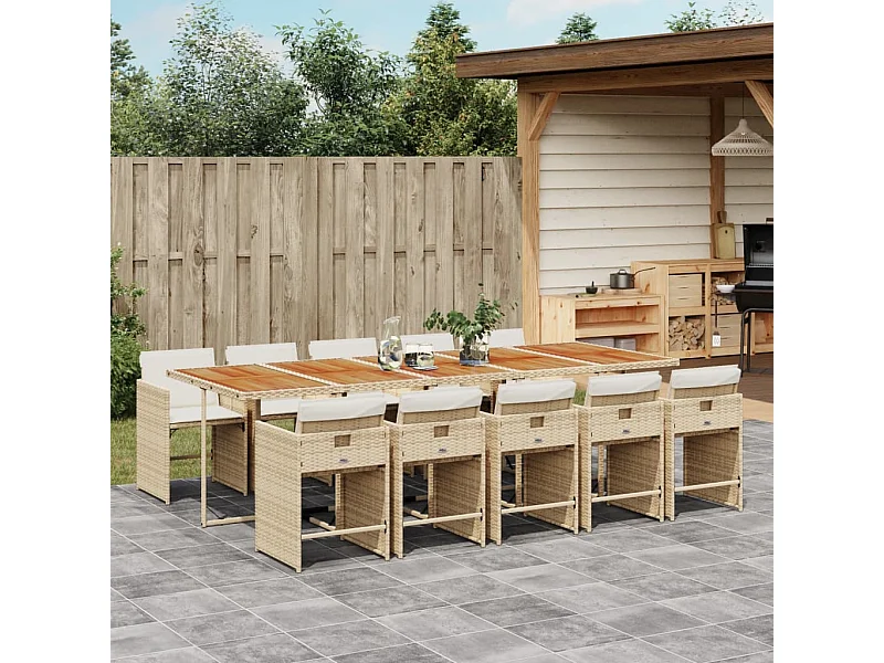 Ensemble à manger de jardin et coussins 11 pièces beige poly rotin