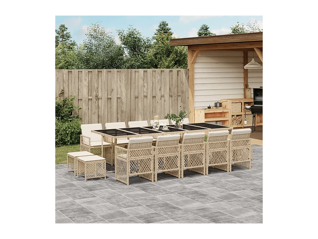 Set comedor de jardín con cojines 15 piezas ratán sintético beige
