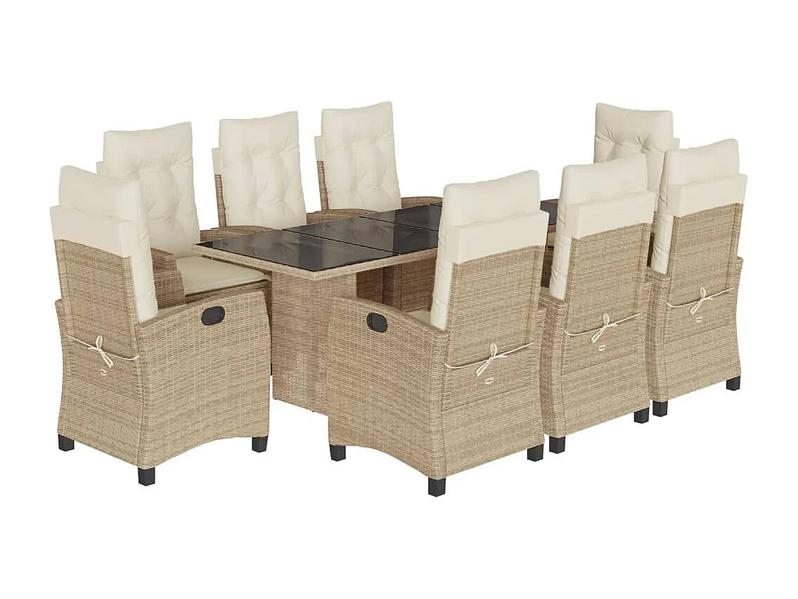 Ensemble à manger de jardin et coussins 9 pièces beige Poly rotin