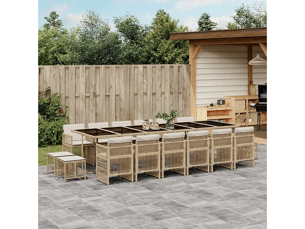 17 peças conjunto de jantar para jardim com almofadões vime PE bege