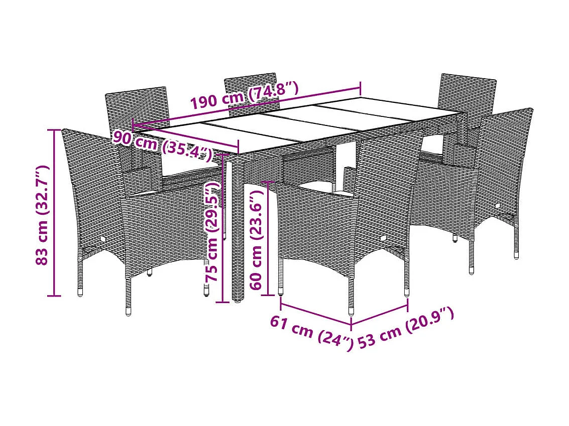 Ensemble à manger de jardin et coussins 7 pièces marron rotin verre