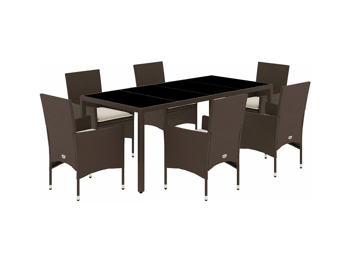 Ensemble à manger de jardin et coussins 7 pièces marron rotin verre