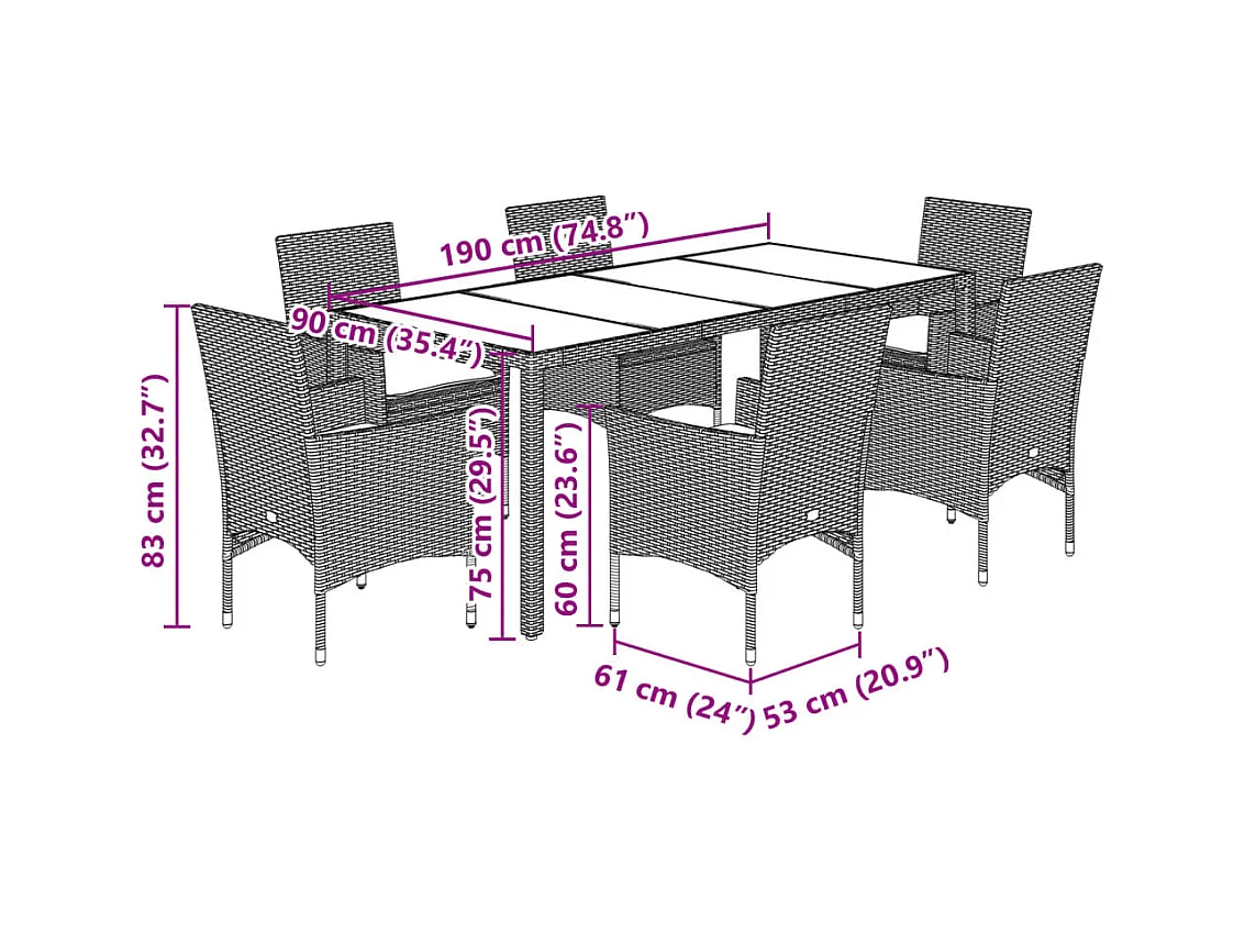 Ensemble à manger de jardin et coussins 7 pièces marron rotin verre