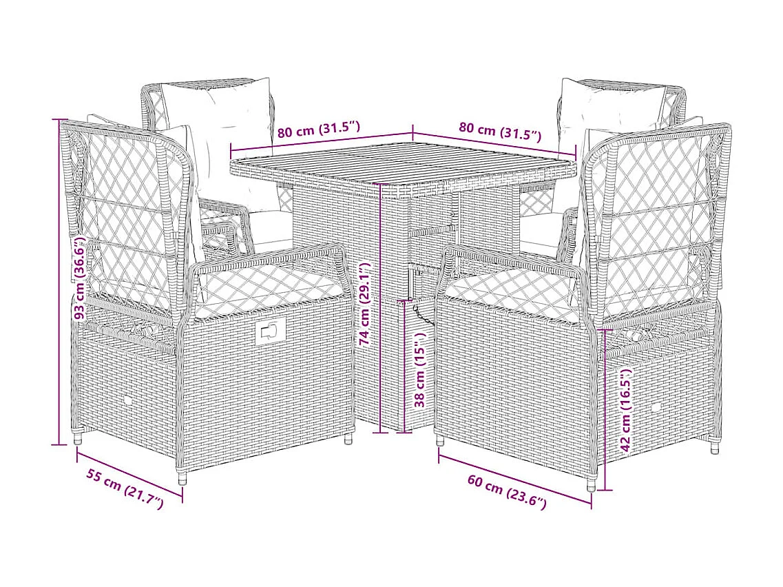 Set comedor de jardín 5 piezas con cojines ratán sintético gris