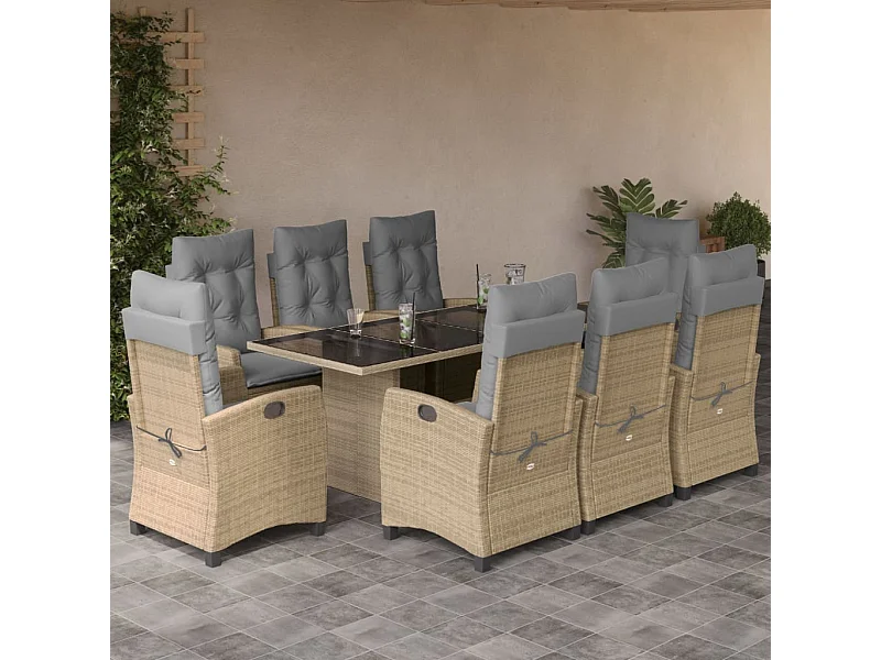 Set comedor de jardín 9 piezas con cojines ratán sintético beige