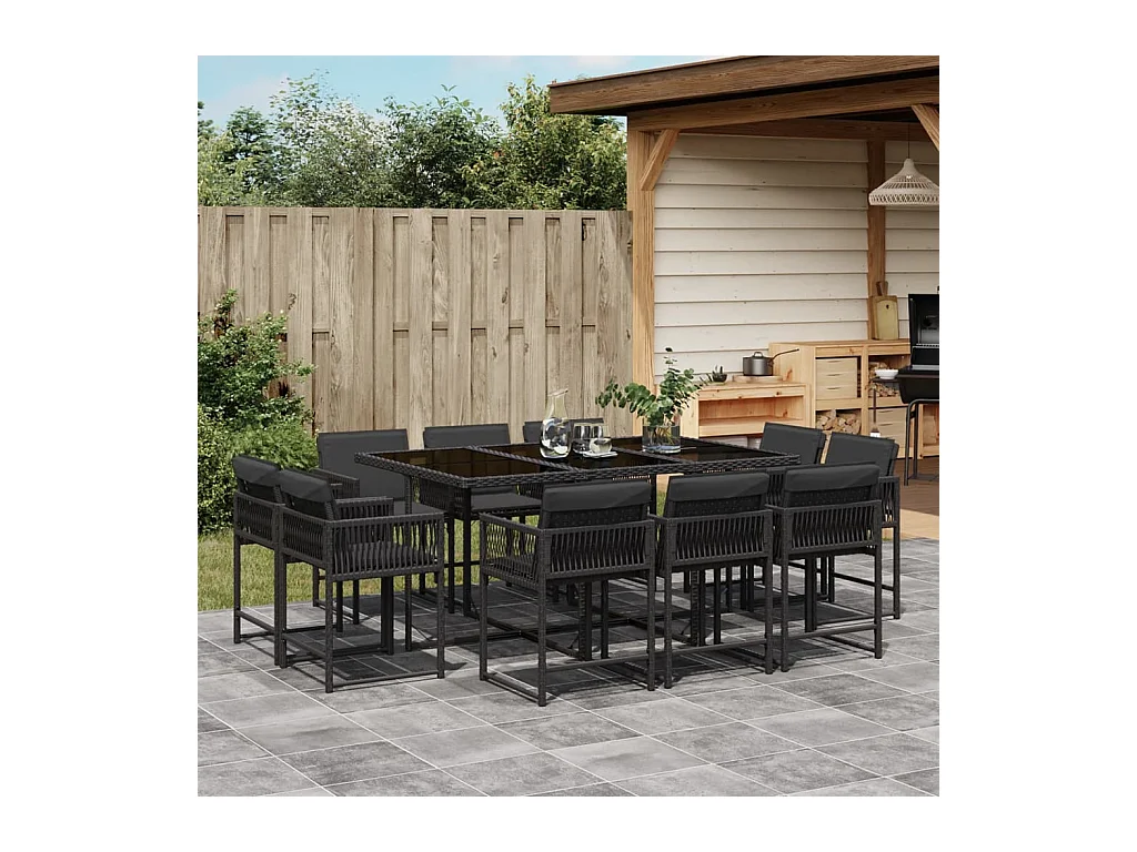 11 peças conjunto de jantar para jardim com almofadões vime PE preto