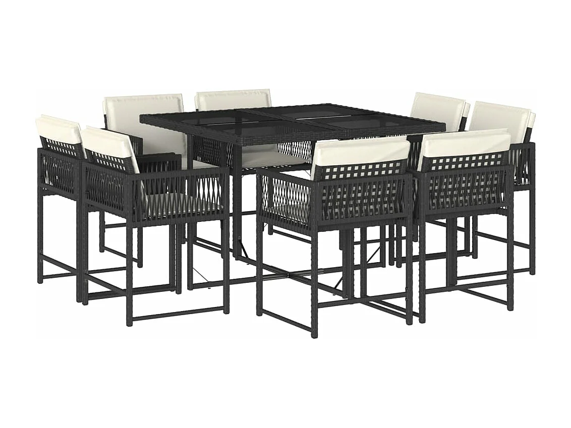Set de comedor de jardín 9 piezas y cojines ratán sintético negro