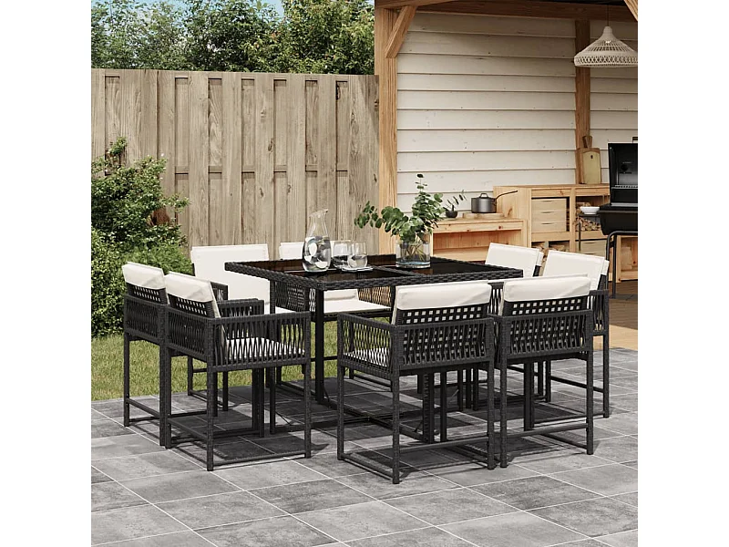 Set de comedor de jardín 9 piezas y cojines ratán sintético negro