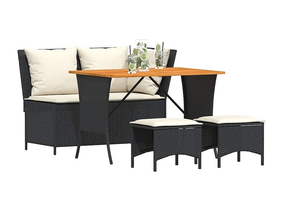 4 peças conjunto de jardim para jardim com almofadões vime PE preto