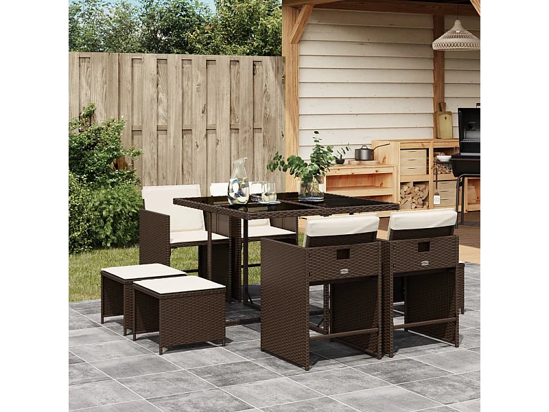 Ensemble à manger de jardin et coussins 9 pièces marron poly rotin
