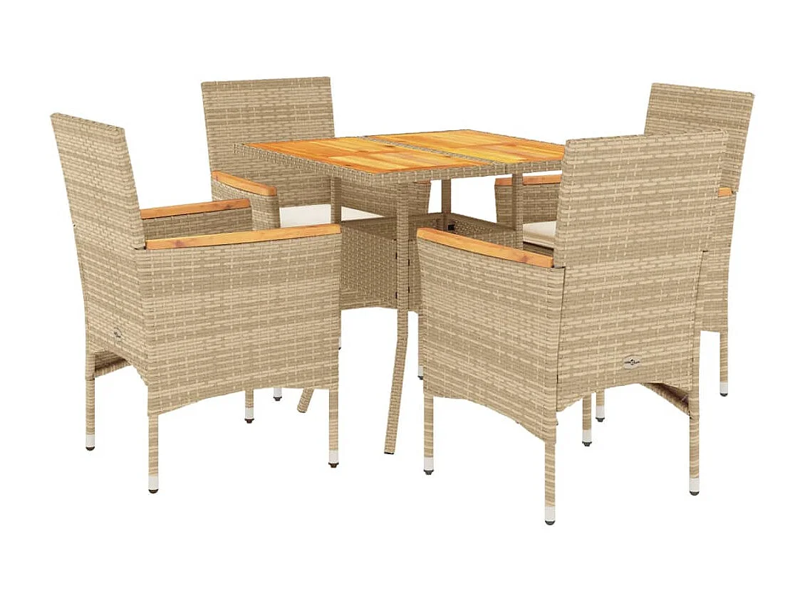 Ensemble à manger de jardin et coussins 5 pièces beige rotin acacia