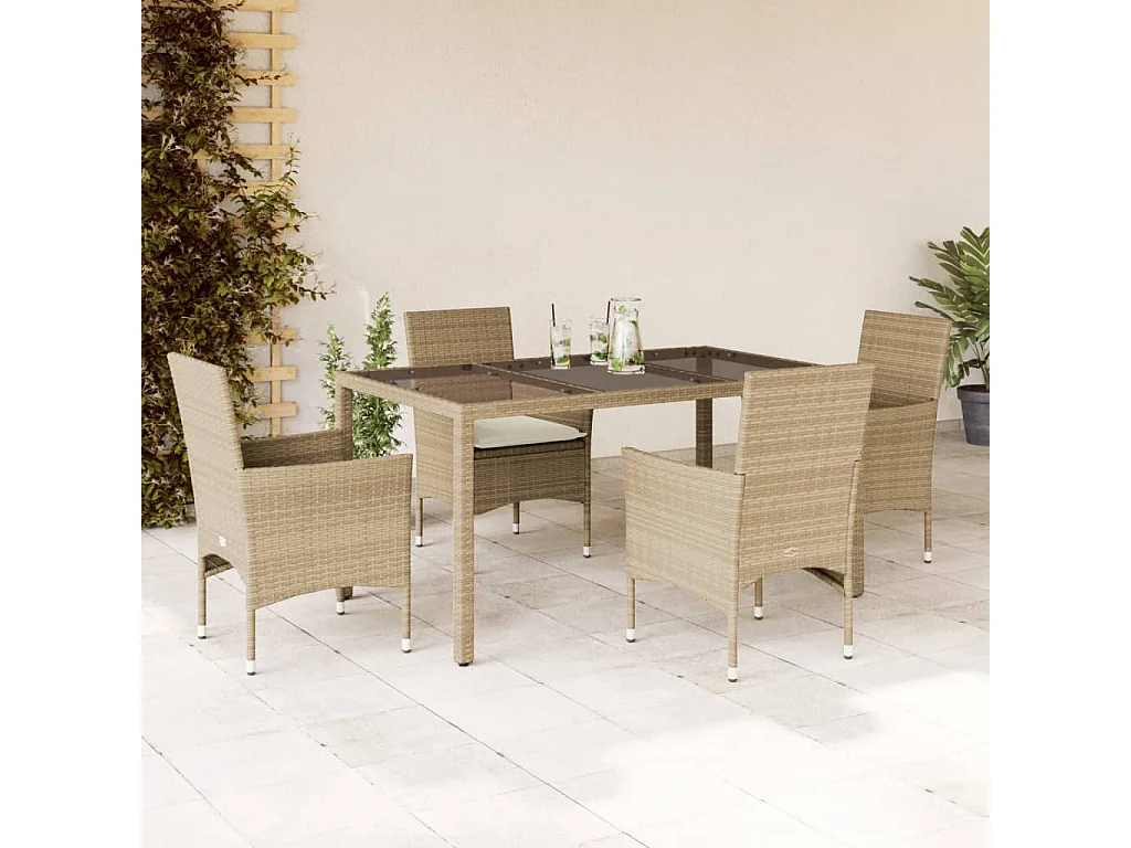 Ensemble à manger de jardin et coussins 5 pièces beige rotin verre