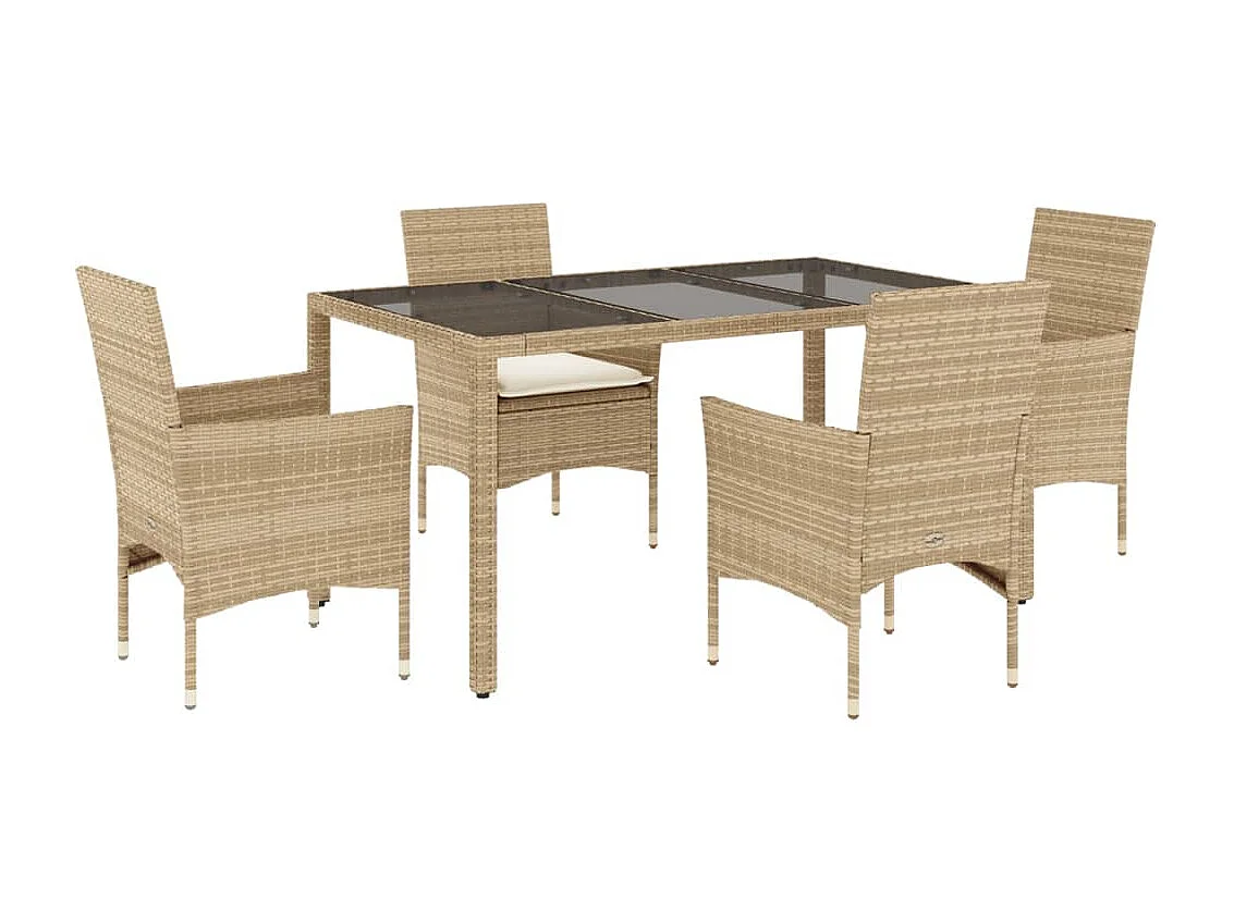Ensemble à manger de jardin et coussins 5 pièces beige rotin verre