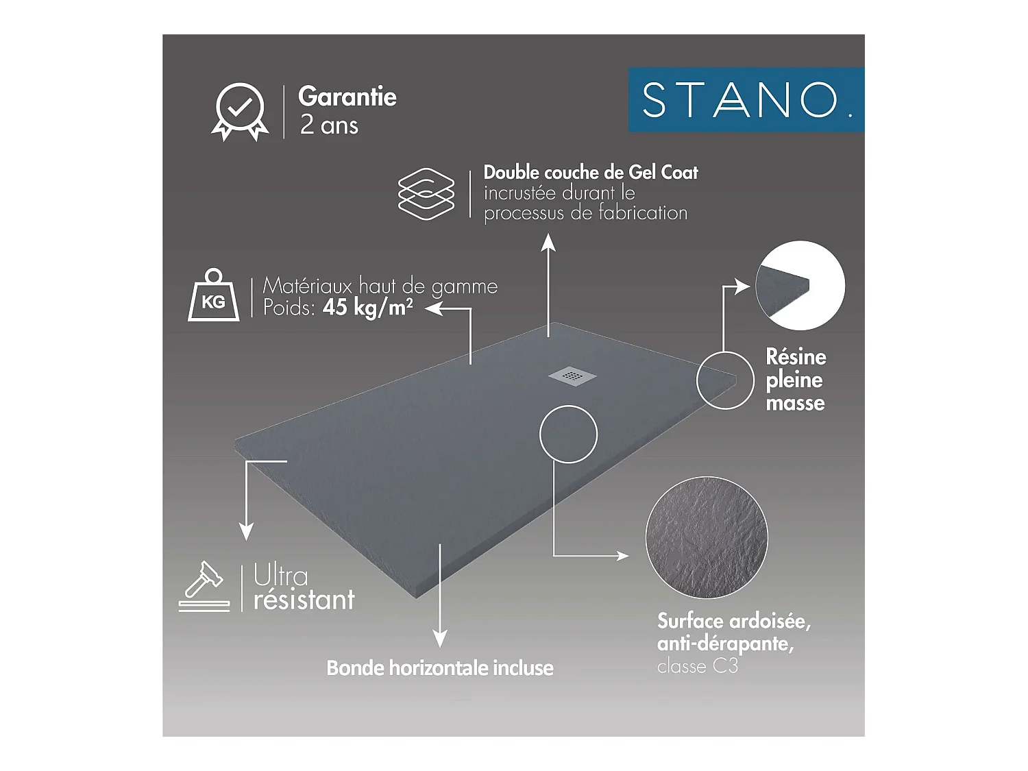 Piatto doccia ultrasottile 80 x 100 cm FUSENCE in resina finitura ardesia sabbia