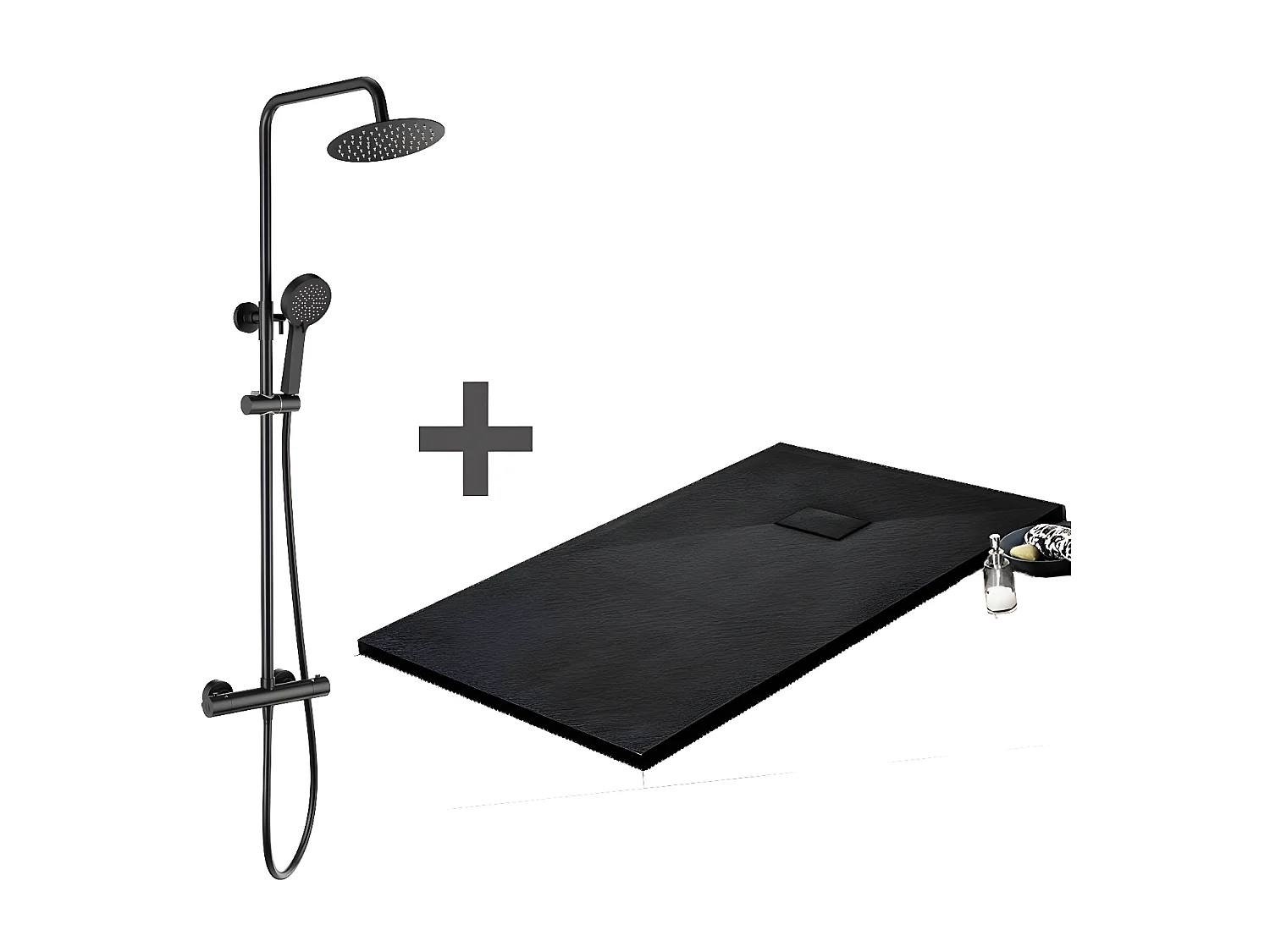 Kit Piatto doccia ultrasottile 80 x 120 cm PIATTO Nero + Colonna doccia termostatica Finitura nera opaca