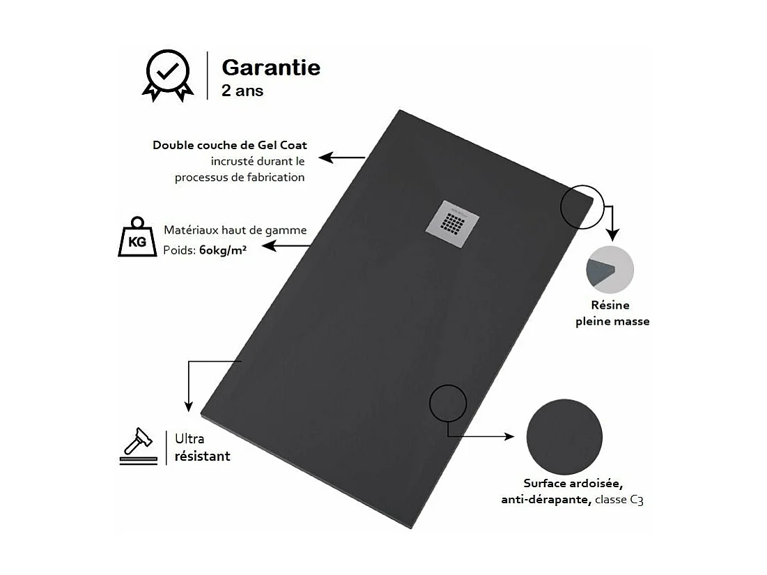 Mineralguss-Duschwanne extra flach ONDA Schieferoptik GRAU 70x180 cm