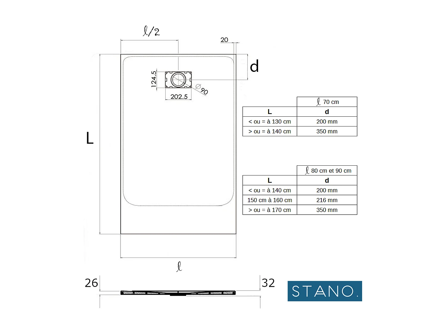 Receveur de douche 90 x 180 cm extra plat PIATTO en SoliCast® surface ardoisée blanc
