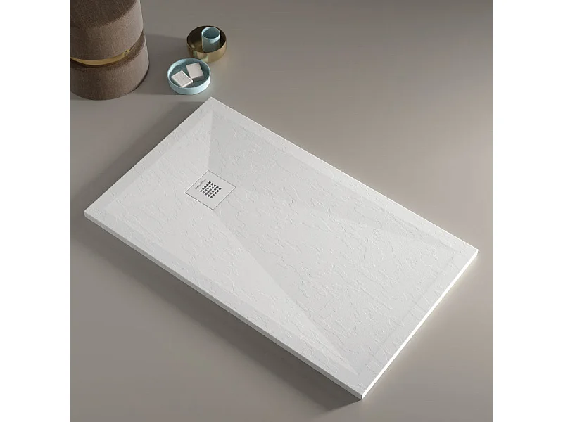 Mineralguss-Duschwanne extra flach ONDA Schieferoptik WEIß 90x150 cm  Auslaufschutz in Farbe