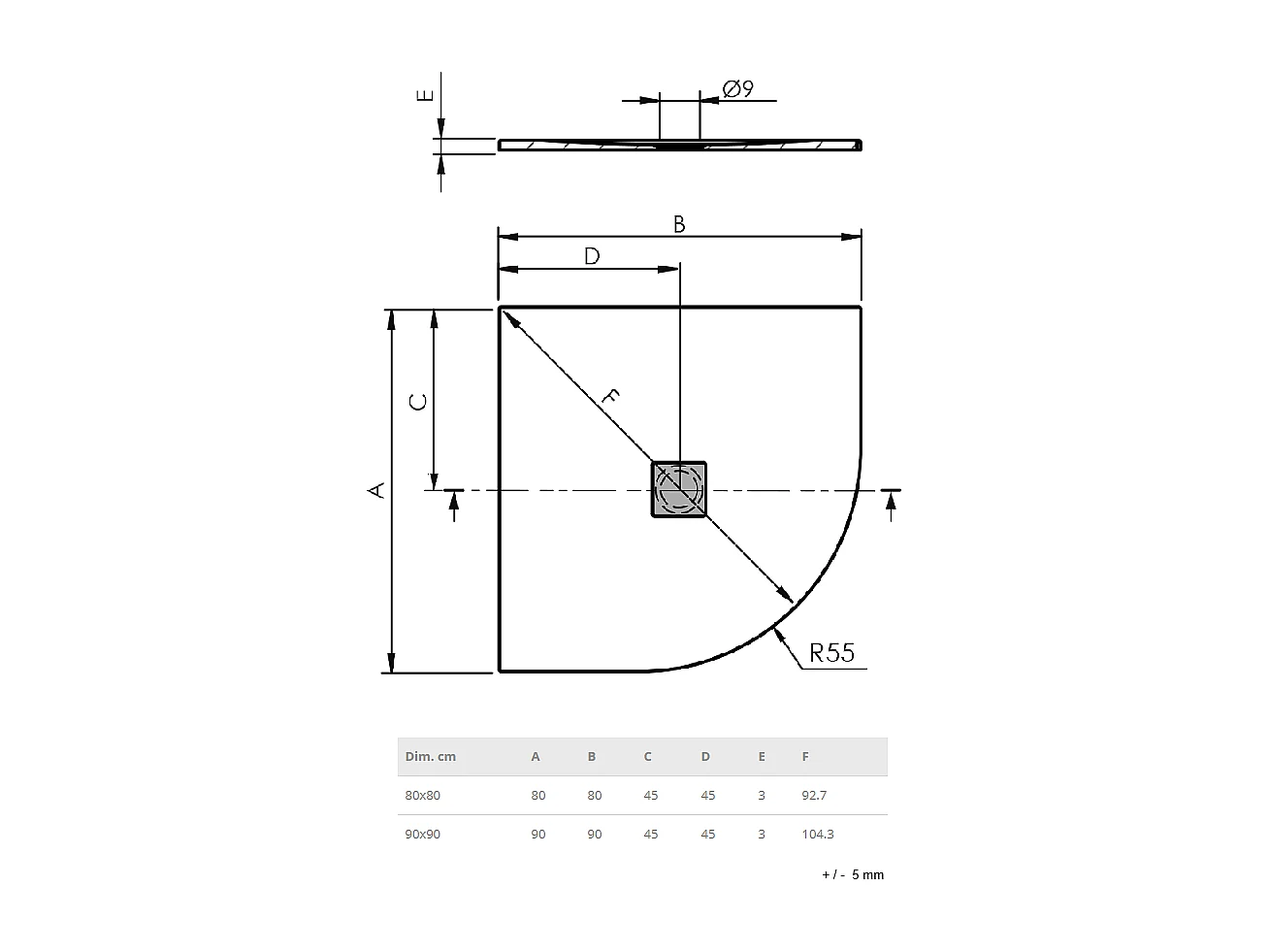 Receveur de douche 80 x 80 cm extra plat LOGIC surface ardoisée semi-circulaire blanc