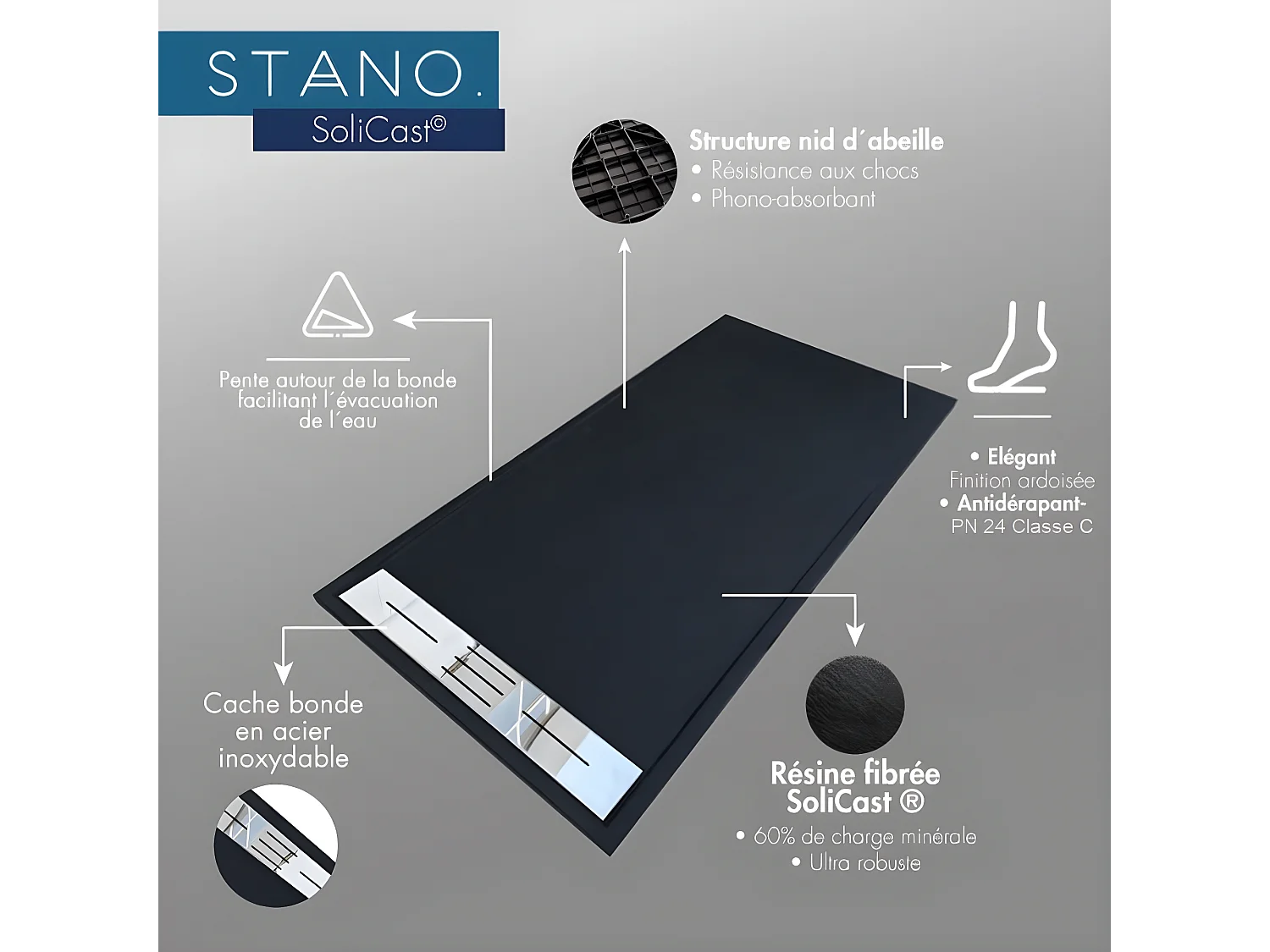 Piatto doccia ultrasottile 80 x 180 cm nero LUCIA in SoliCast® finitura ardesia