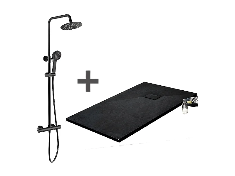 Kit Piatto doccia ultrasottile 90 x 90 cm PIATTO Nero + Colonna doccia termostatica Finitura nera opaca