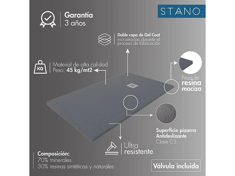 Piatto doccia ultrasottile 90 x 190 cm MARIANA in resina finitura ardesia nero