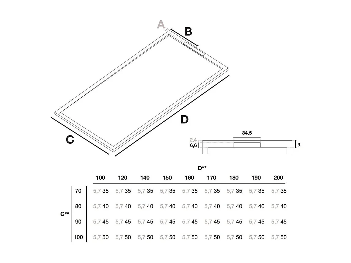 Piatto doccia ultrasottile 90 x 100 cm COSME in resina finitura ardesia nero
