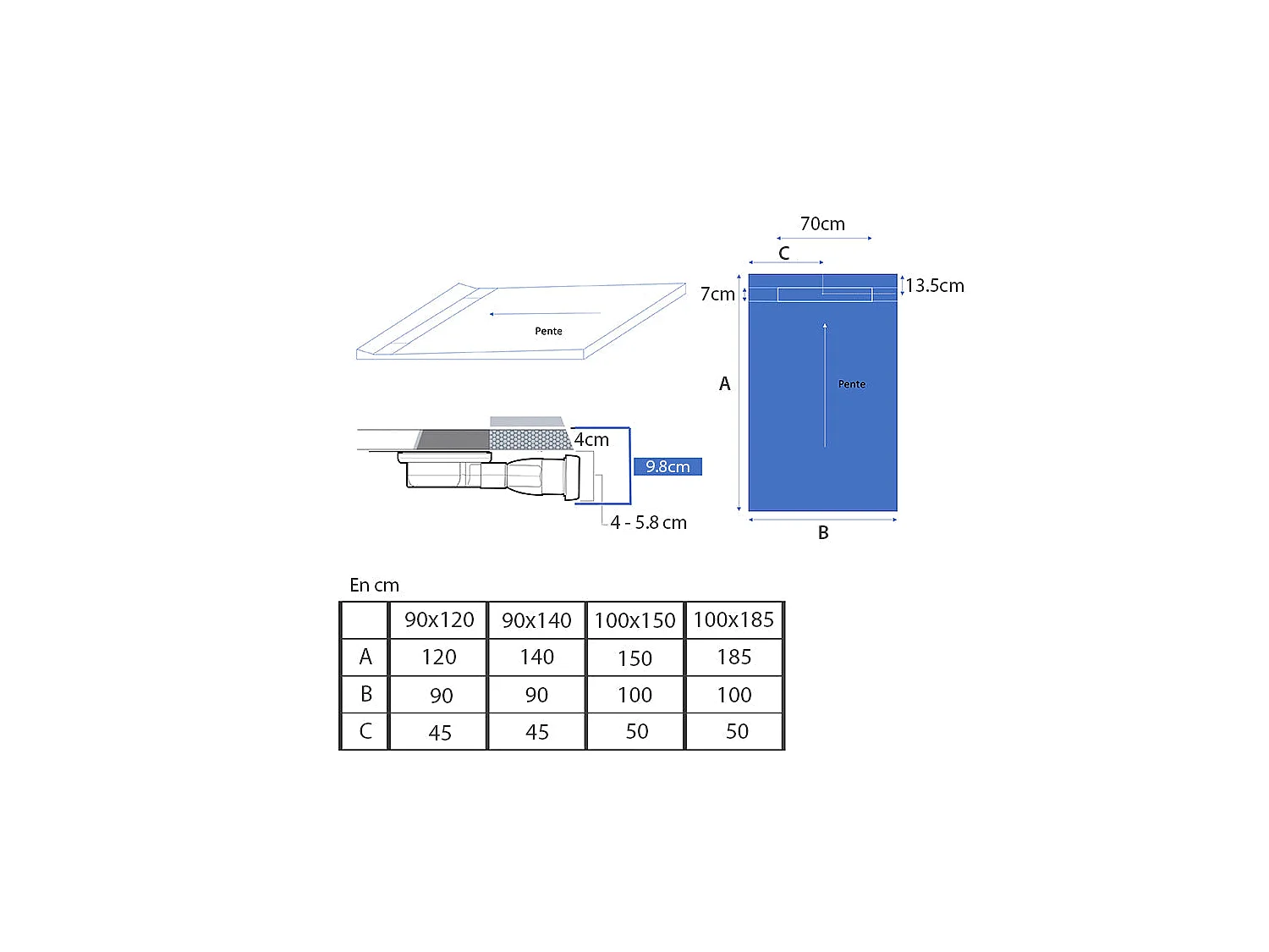 Receveur à carreler 100 x 150 cm MONOBOARD 1 pente avec natte étanche et siphon ultra plat